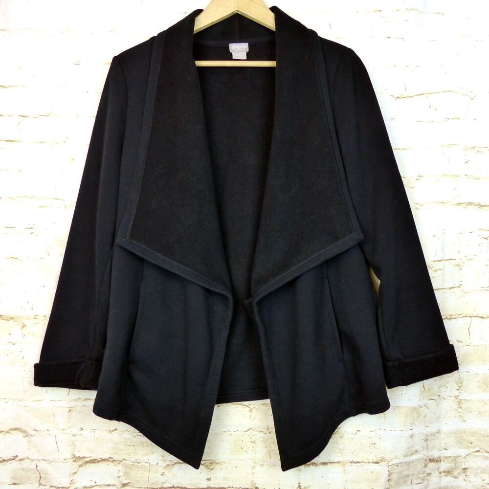 Chicos Zenergy Cardigan Women 2 Black Drape Open Front Shawl Collar Fleece Lined